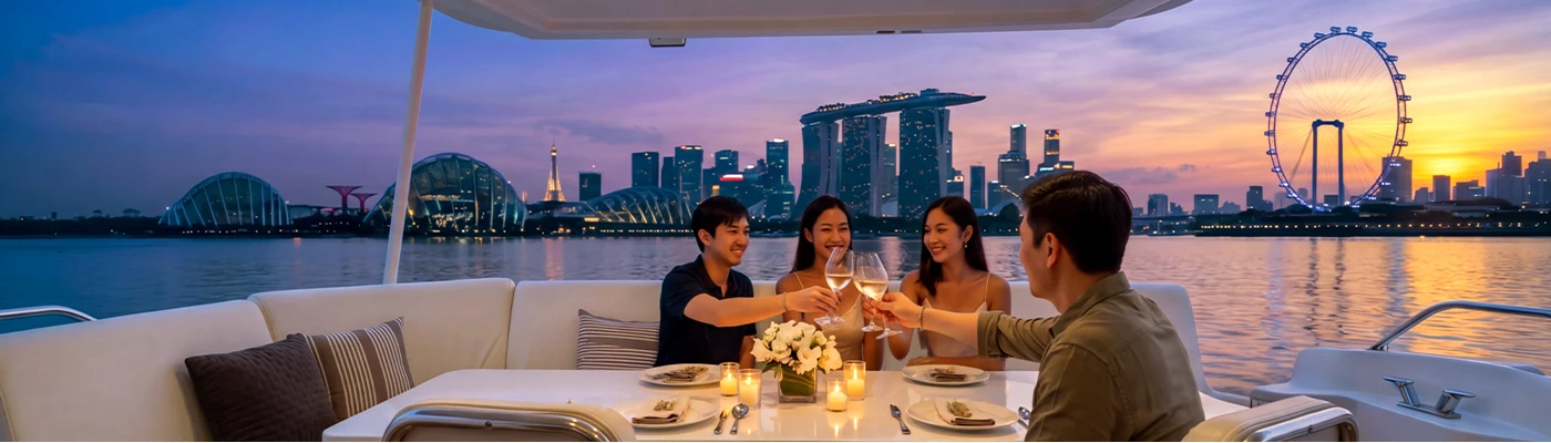 Guests dining onboard against the Singapore skyline at sunset.